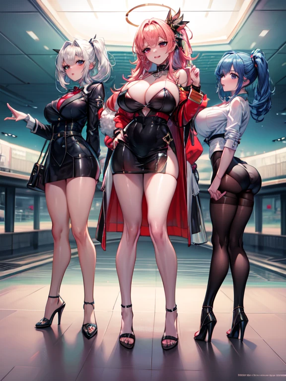 Obra maestra, mejor calidad, arte oficial, extremadamente detallado, 3 chicas, auxiliar de vuelo, tacones altos, aeropuerto