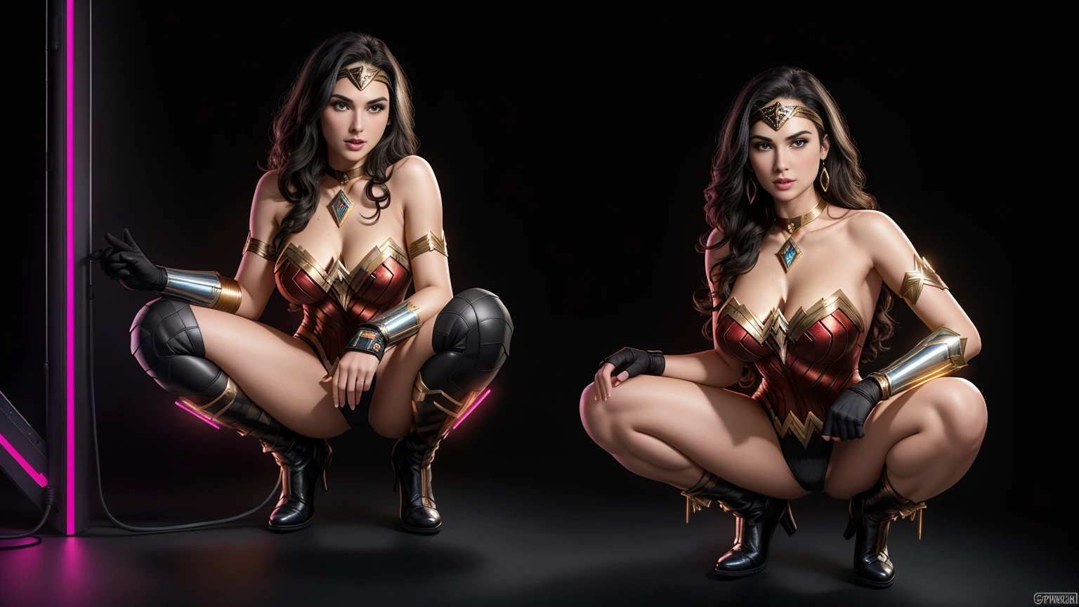 there  IS GAL GADOT AS WONDER WOMAN squatting, long hair, 3 d neon art of a womans body, neon-noir background, cyberpunk femme fatale, seductive cyberpunk dark fantasy, cyberpunk strip clubs, cyberpunk 20 y. o model girl, oppai cyberpunk, banner, high definition cgsociety, cgsociety masterpiece, trending on cgstation, kda, random hair, looking at camera, gigantic breasts, cleavage, (high detailed skin:1.2), 8k uhd, dslr, super lighting, high quality, film grain, high res, highly detailed, hyper realistic, beautiful face, beautiful body, beautiful eyes nose lips, alluring expression, very bold, upper  visible, full body photo, standing legs apart, pale translucent glowing skin, most beautiful face, cute, (well defined pubic hair:1.2)), (dark plain black background:1.4))