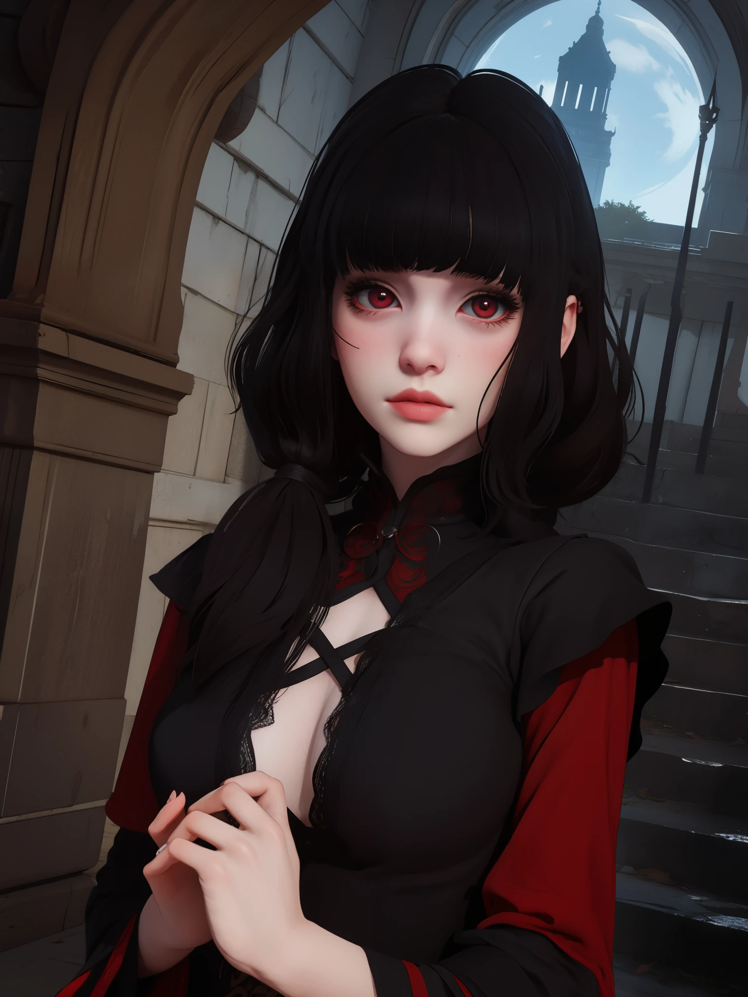 Luna, red eyes, blunt bangs, distracted, gothic style