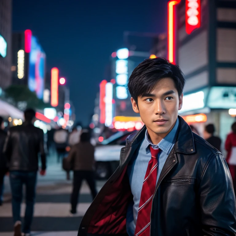 Handsome Asian man with short, cropped hair cut,) Look straight and focus on the face clearly.,) Community in the city at night, He wore a leather jacket and a red tie.,Blue,black,) Exaggerated colors cool action poses,) 8K images, Shot with a high quality camera with 45000000000 pixels.