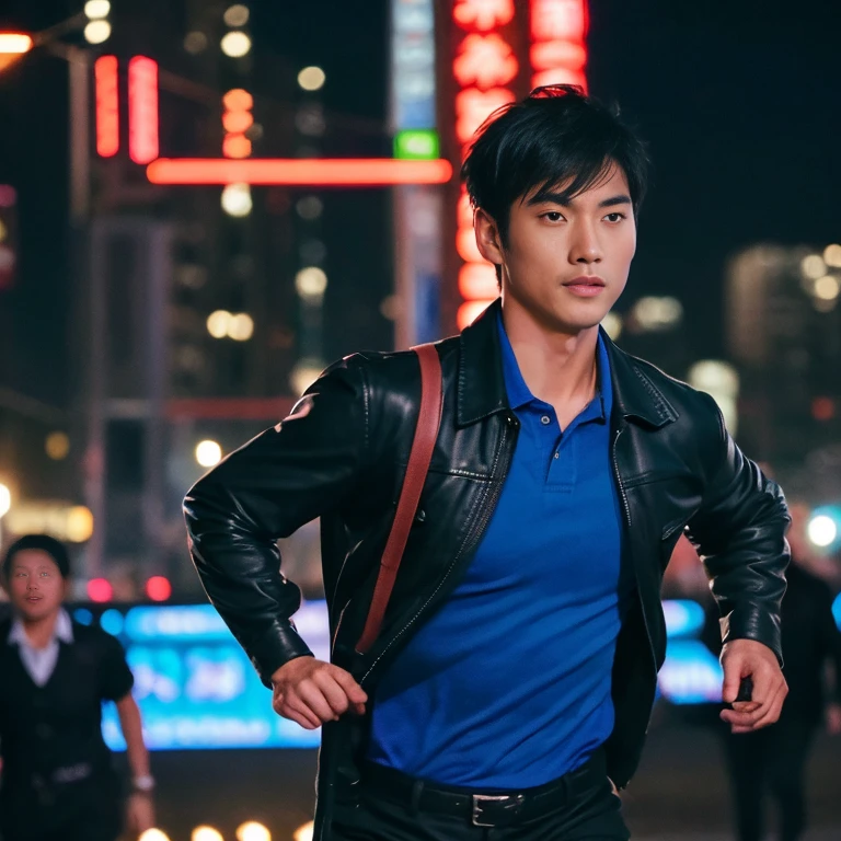 Handsome Asian man with short, cropped hair cut,) Look straight and focus on the face clearly.,) Community in the city at night, He wore a leather jacket and a red tie.,Blue,black,) Exaggerated colors cool action poses,) 8K images, Shot with a high quality camera with 45000000000 pixels.