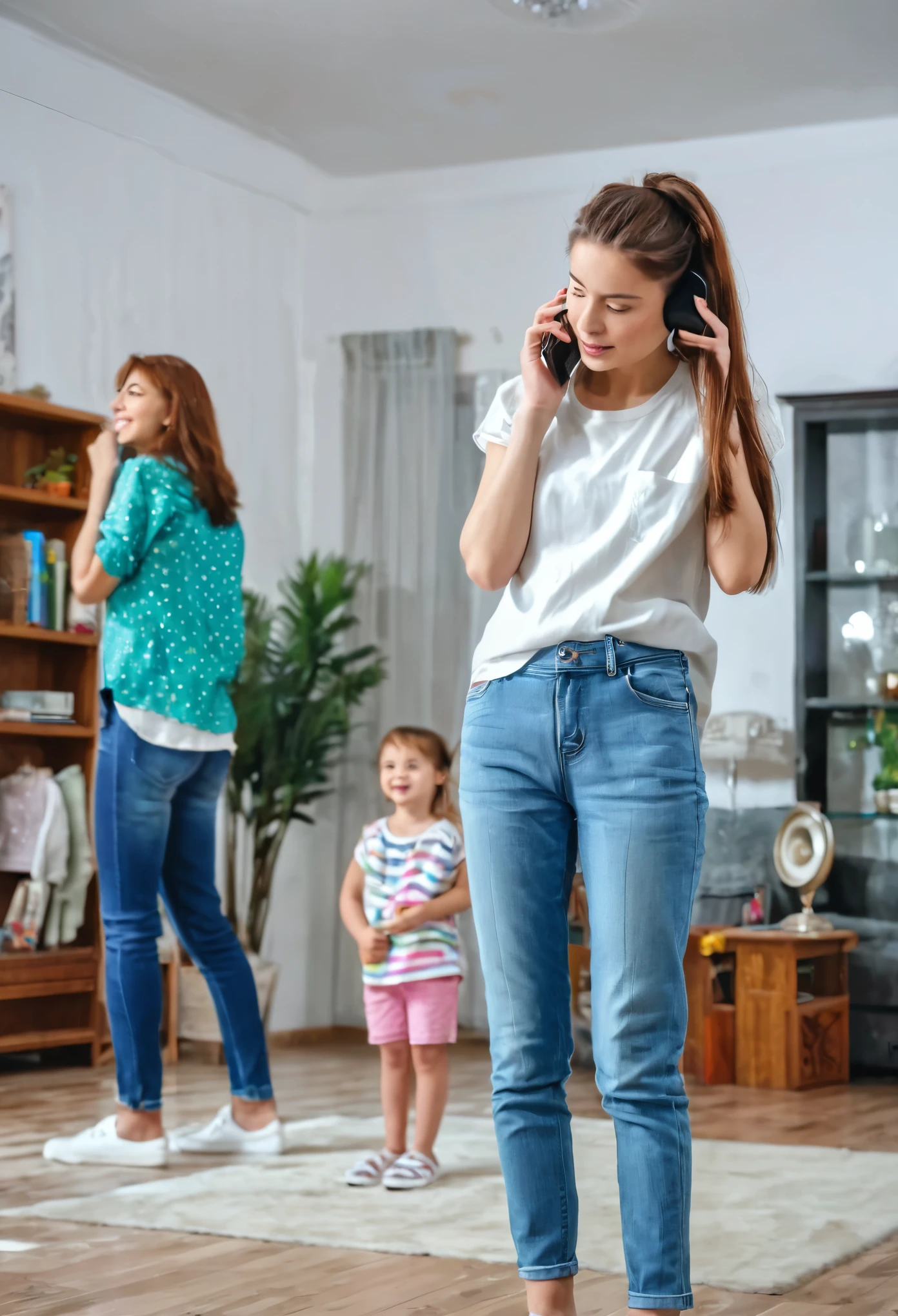 Girl with family in big room , a phone call rang in her pocket , girl saw phone 