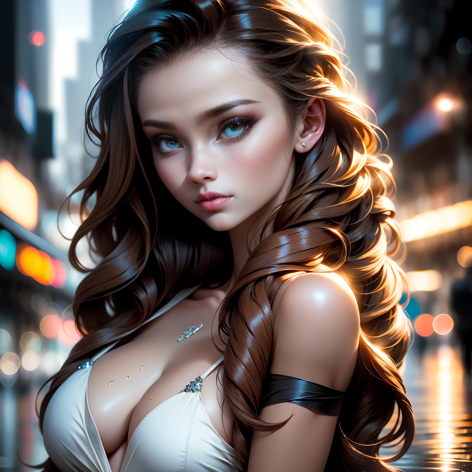 Photo of 25 year old European girl, RAW, beautiful woman, (brown hair with extra long wavy), ((portrait)), (Detailed face: 1.2)), (Detailed facial features)), (Fine skin), pale skin, high detail and deep cleavage body conhasmat suit, slim body, megacity environment, (cold color), wet, moist, reflection, (masterpiece) ( Perfect proportions) (realistic photos) (highest quality) (detail) shot with Canon EOS R5, 50mm lens, f/2.8, HDR, (8k) (wallpaper) (movie lighting) (dramatic lighting) (sharp focus) (complex) fashion