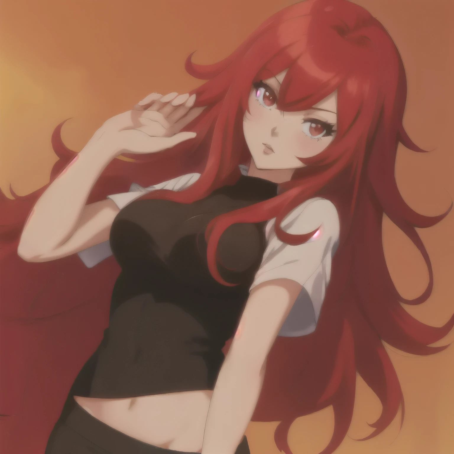 anime girl with red hair and black top posing for a picture, rias gremory, kurisu makise, ilya kuvshinov with long hair, erza scarlet as a real person, with curly red hair, seductive anime girl, red haired goddess, (anime girl), she has red hair, anime girl with long hair, with red hair