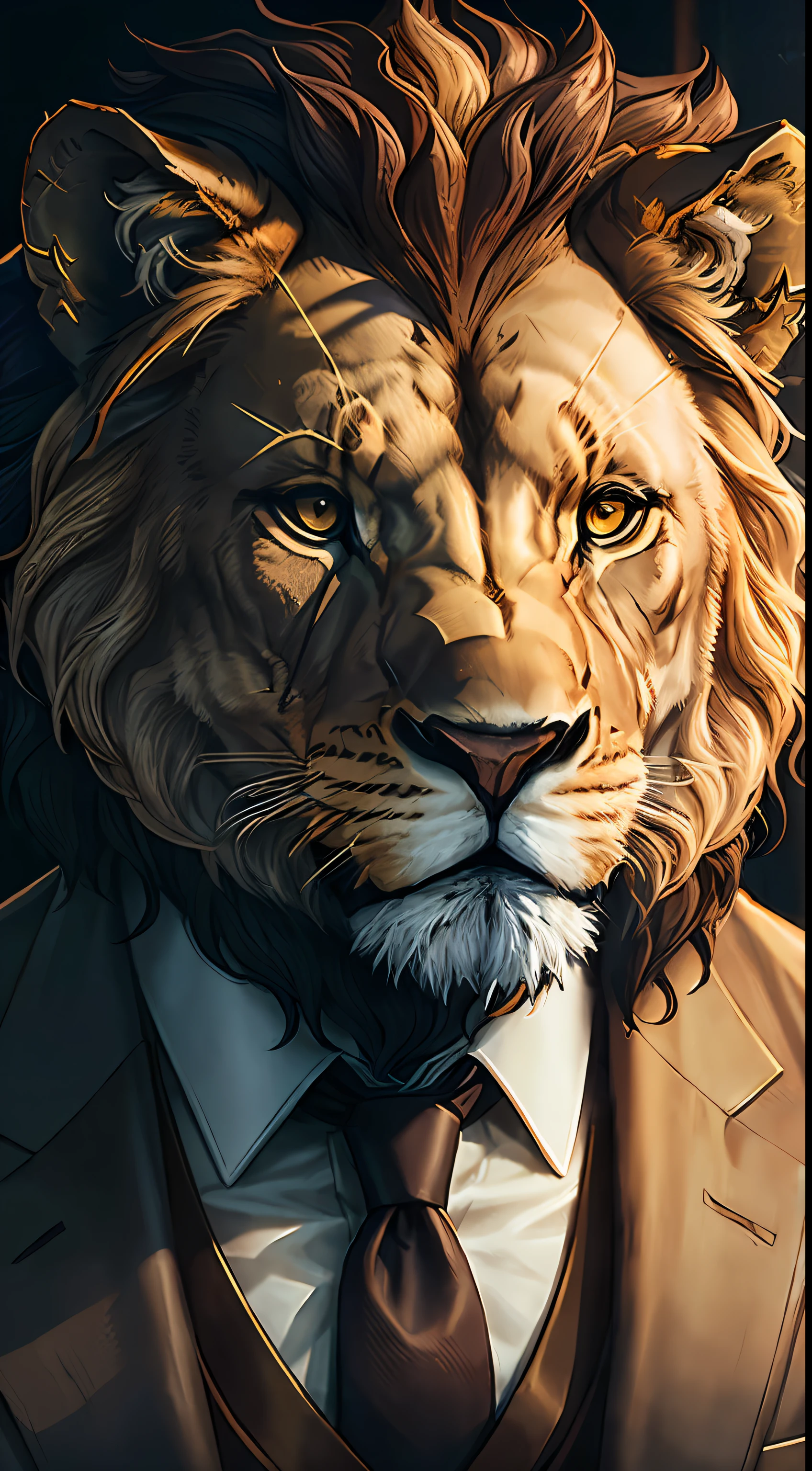 Young lion in suit,Humanoid lion face,Qualidade de imagem Ultra HD com qualidade de obra-prima,precision,Perfeito para textura de pele delicada,High level of detail,Qualidade superior de imagem,A high resolution。