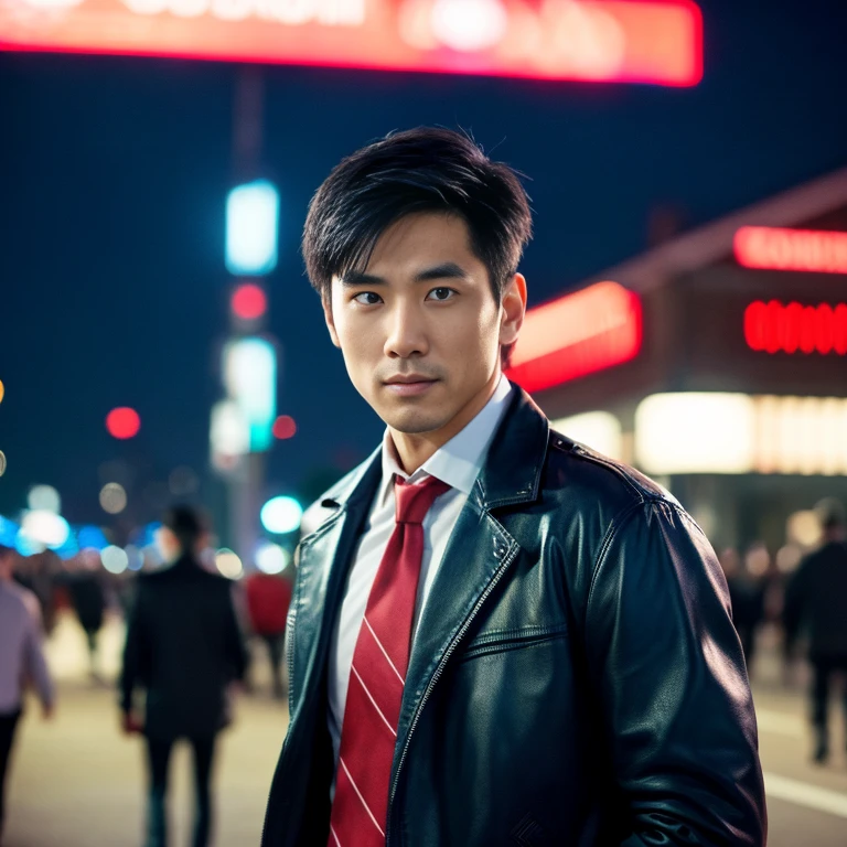 Handsome Asian man with short, cropped hair cut,) Look straight and focus on the face clearly.,) Community in the city at night, He wore a leather jacket and a red tie.,Blue,black,)  Exaggerated colors cool action poses,) 8K images, Shot with a high quality camera with 45000000000 pixels.