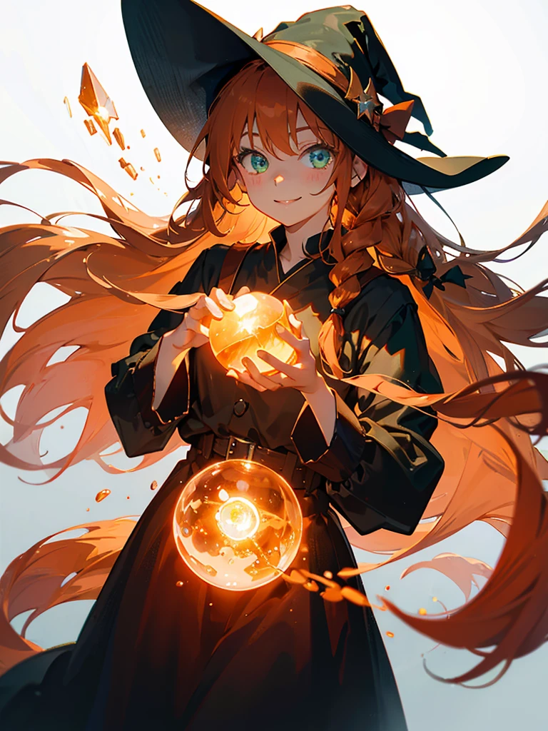 Dark orange hair、Green Eyes、Braid、smile、Black Dress、witch、mysterious、gem、White background