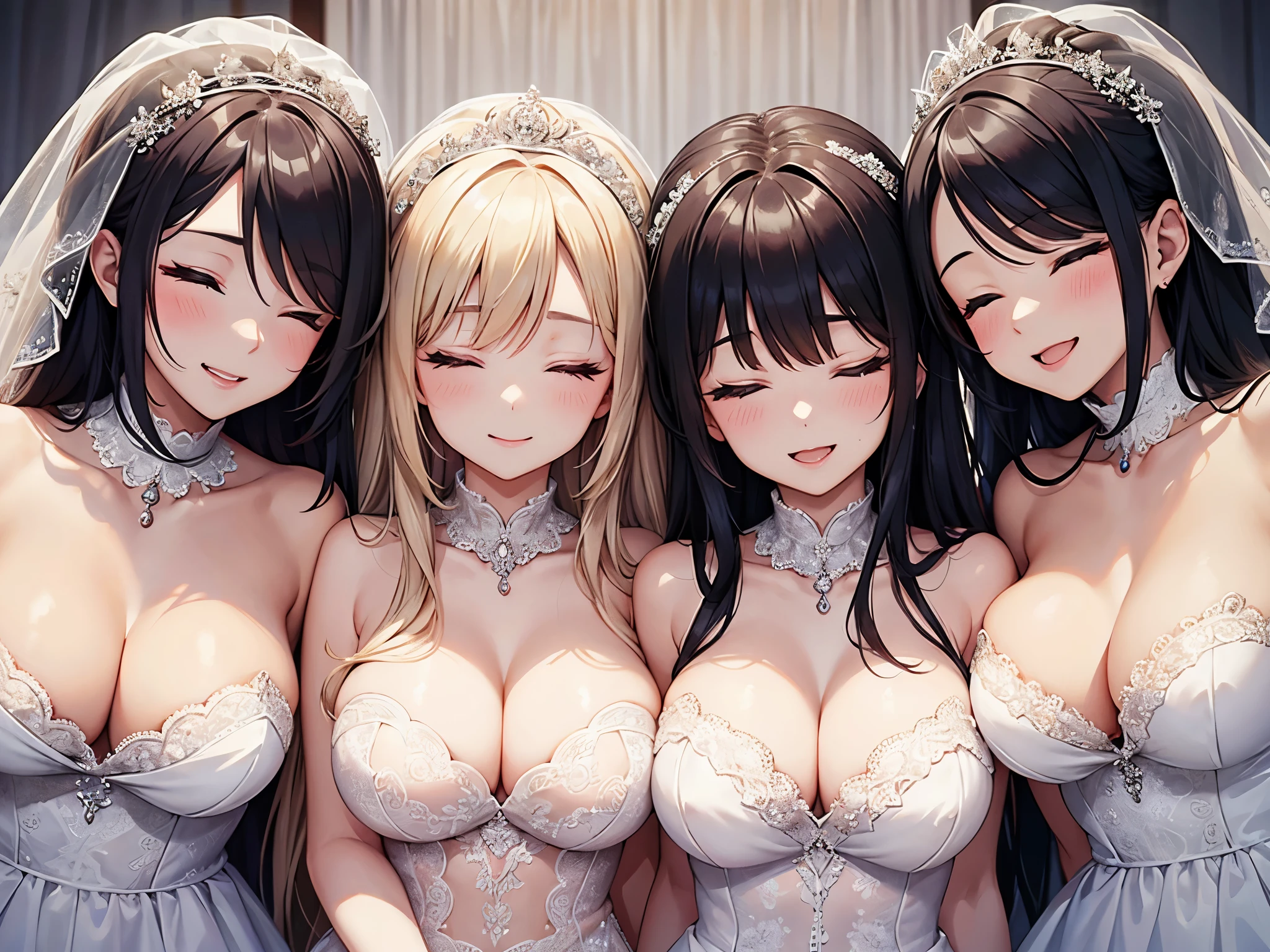 three sexy women in wedding dresses, flirtatious smiles, on bed, closed eyes, opened mouths yawning, close up faces portrait