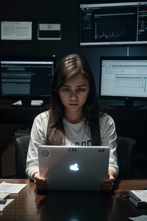 an AI in the form of a young teenage girl in everyday clothes is sitting in front of a hologram of a table, where piles of documents and bills to pay are scattered. Your digital face is a mix of determination and despair, reflecting the traits of a woman facing challenges beyond her years. She is surrounded by technological devices, Glossy screens that project financial analysis graphs and lines of code that flow like digital rivers. In his expression, there is a mixture of anxiety and resolve as she tries to find a solution to her desperate situation. 