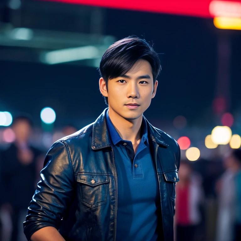 Handsome Asian man with short, cropped hair cut,) Look straight and focus on the face clearly.,) Community in the city at night, He wore a leather jacket and a red tie.,Blue,black,) Exaggerated colors cool action poses,) 8K images, Shot with a high quality camera with 45000000000 pixels.