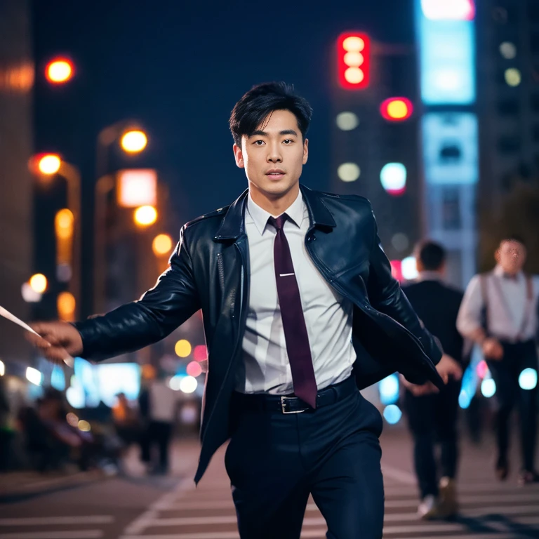 Handsome Asian man with short, cropped hair cut,) Look straight and focus on the face clearly.,) Community in the city at night, He wore a leather jacket and a red tie.,Blue,black,)  Exaggerated colors cool action poses,) 8K images, Shot with a high quality camera with 45000000000 pixels.