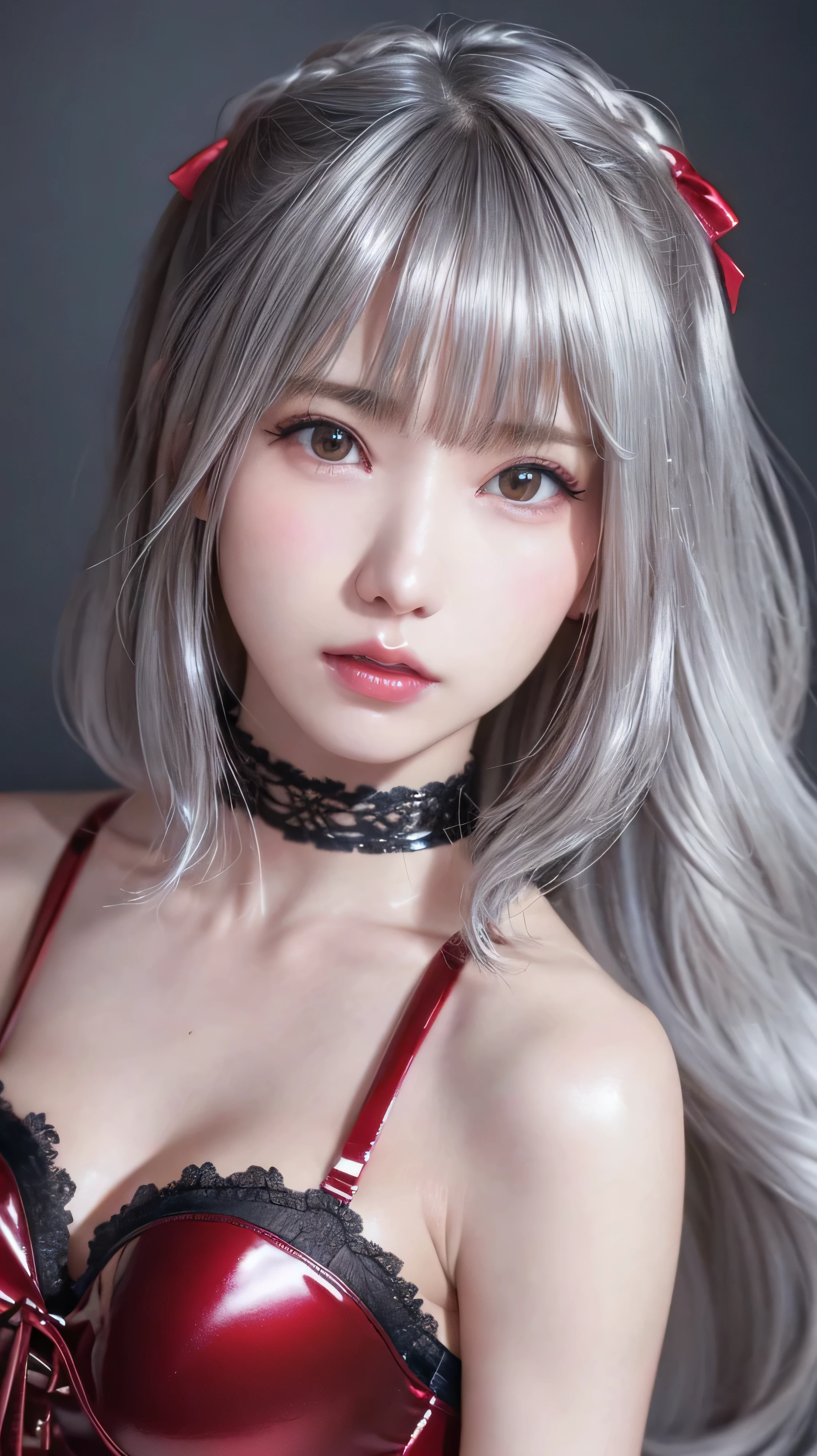 (Thin eyebrows with closed outer corners)))))、((Very strong sunshine))、((((Beautiful silver hair))))、((Small Head))、(Beautiful silver hair with short wavy:1.2)、full body shot、(((8k, RAW Photos)))、 (((Same face as cosplayer))),(Photographed from above in High resolution 8K)、(Very delicate and beautiful)、(masterpiece)、(highest quality:1.0)、(超A high resolution:1.0)、Realistic Shadows、[High resolution]、 Fine skin、Very detailed、(Beautiful Hair)、Realistic、Lively Faces、Big Breasts, Small waist、Realistic eyes、Small eyes、(((ween the breasts)))、(eyeliner)、(mascara)、 Lips with pink lips、((Looks very happy))、Show your shoulders、Complex patterns and transparent materials、artistic depiction of an attractive woman, Accentuates an attractive silhouette。The scene is、、bask in the hot sun、Bringing out the delicate beauty and charm of nature.。(((Intricate details))、Advanced Details、choker、Browsing Caution,((highest quality、8k、masterpiece:1.3))、Sharp focus:1.2、 (((red, black and silver patent leather corset)))、(Shine)