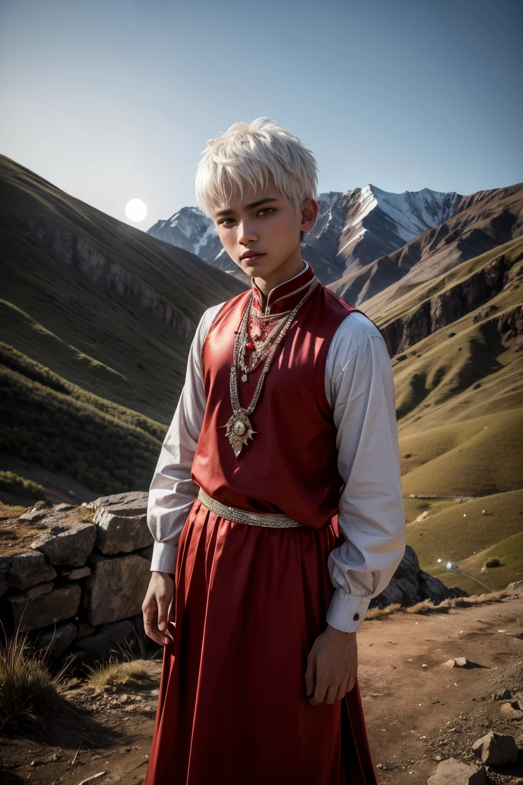 1 boy , hair white short, eyes red, side lighting, cara detallada, brown skin, background in a mountain where you can see the moon, indian clothes, trae arco y flecha