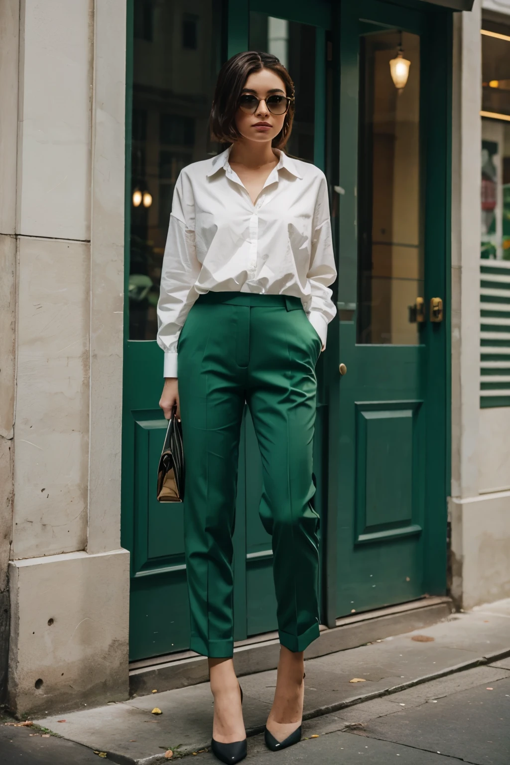 a woman wearing avante garde green trousers