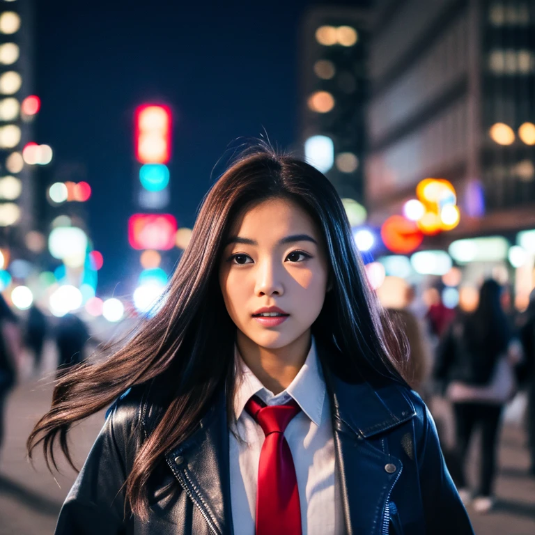 Young Asian woman with long flowing hair blowing up,) Look straight and focus on the face clearly.,) Community in the city at night, He wore a leather jacket and a red tie.,Blue,black,) Exaggerated colors cool action poses,) 8K images, Shot with a high quality camera with 45000000000 pixels.