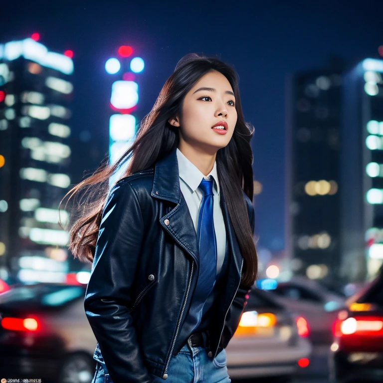 Young Asian woman with long flowing hair blowing up,) Look straight and focus on the face clearly.,) Community in the city at night, He wore a leather jacket and a red tie.,Blue,black,) Exaggerated colors cool action poses,) 8K images, Shot with a high quality camera with 45000000000 pixels.