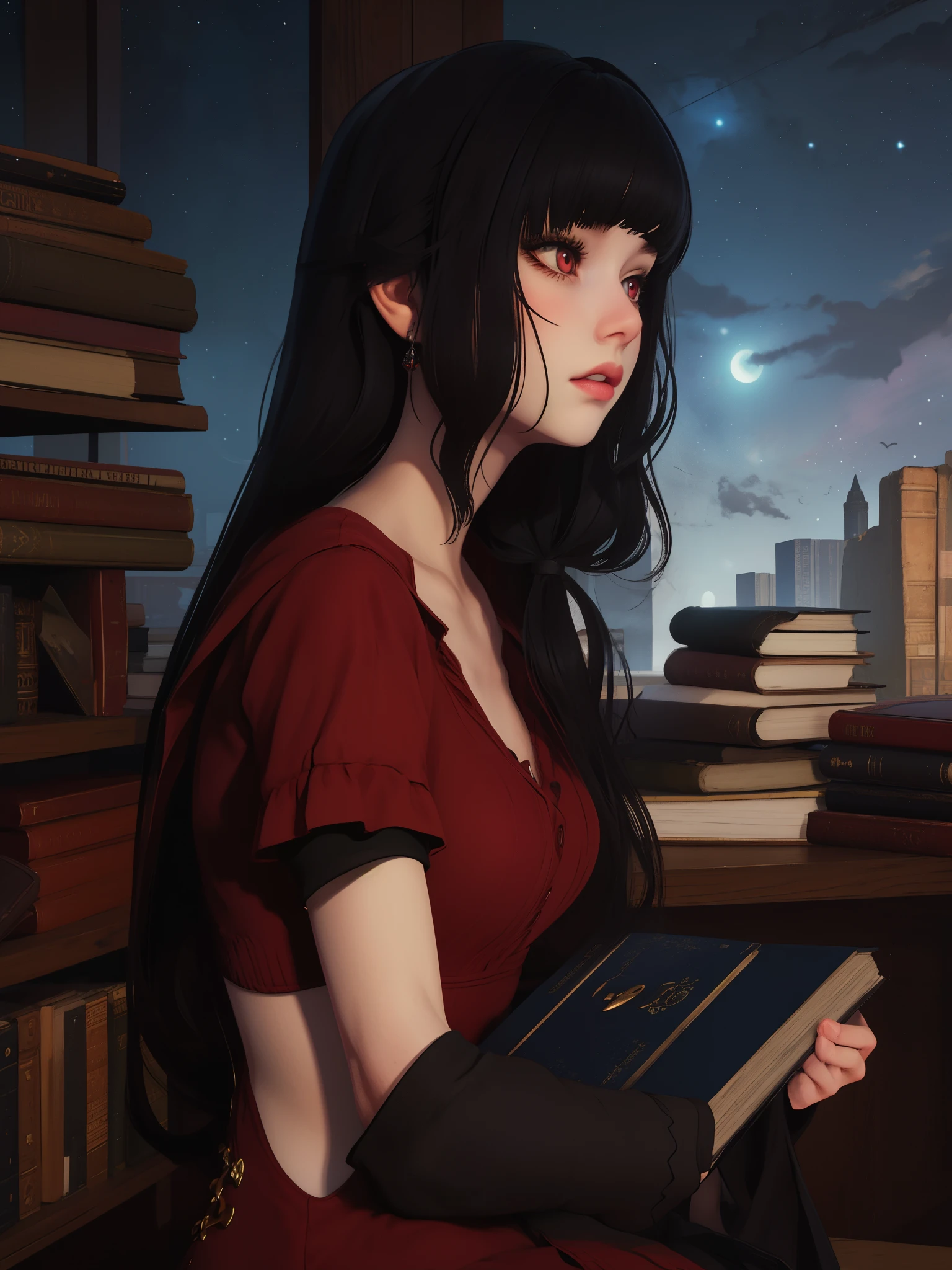 Luna, red eyes, blunt bangs, distracted, gothic style, night sky, books