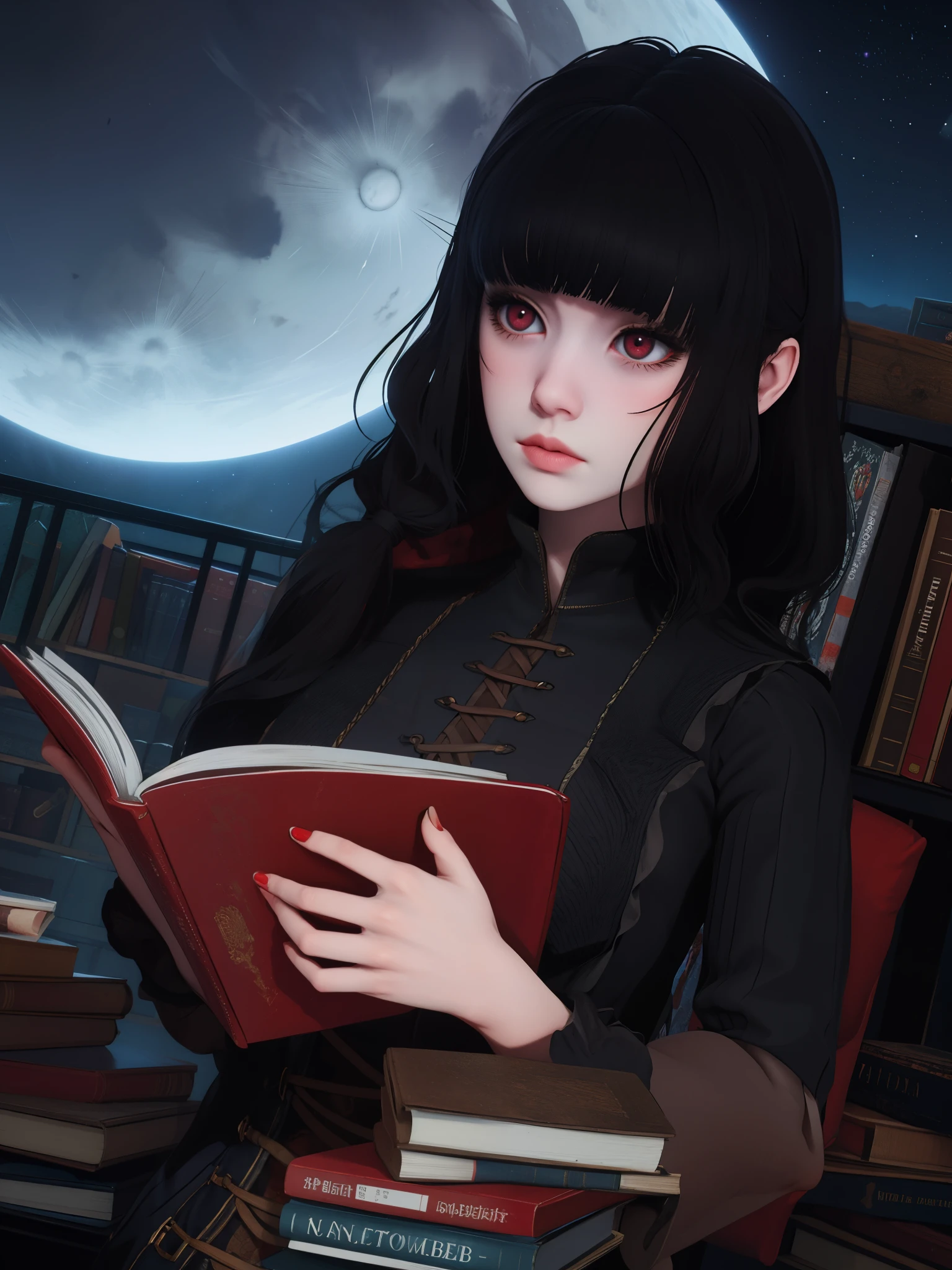 Luna, red eyes, blunt bangs, distracted, gothic style, night sky, books