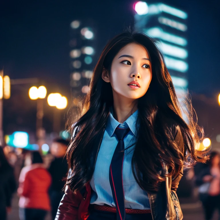 Young Asian woman with long flowing hair blowing up,) Look straight and focus on the face clearly.,) Community in the city at night, He wore a leather jacket and a red tie.,Blue,black,)  Exaggerated colors cool action poses,) 8K images, Shot with a high quality camera with 45000000000 pixels.