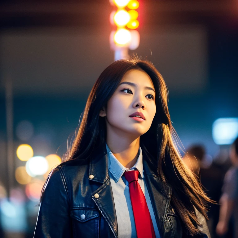 Young Asian woman with long flowing hair blowing up,) Look straight and focus on the face clearly.,) Community in the city at night, He wore a leather jacket and a red tie.,Blue,black,)  Exaggerated colors cool action poses,) 8K images, Shot with a high quality camera with 45000000000 pixels.