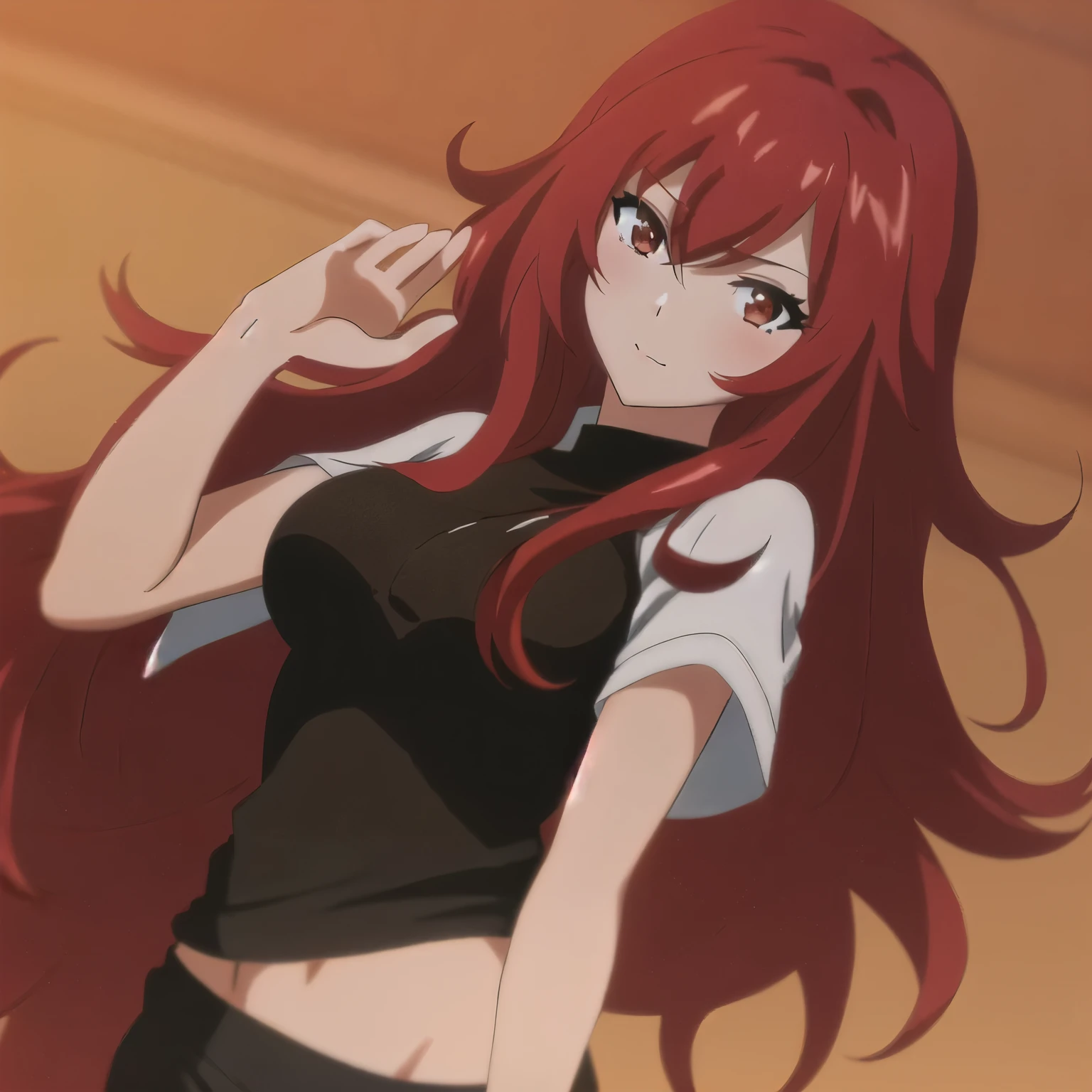 anime girl with red hair and black top posing for a picture, rias gremory, kurisu makise, ilya kuvshinov with long hair, erza scarlet as a real person, with curly red hair, seductive anime girl, red haired goddess, (anime girl), she has red hair, anime girl with long hair, with red hair