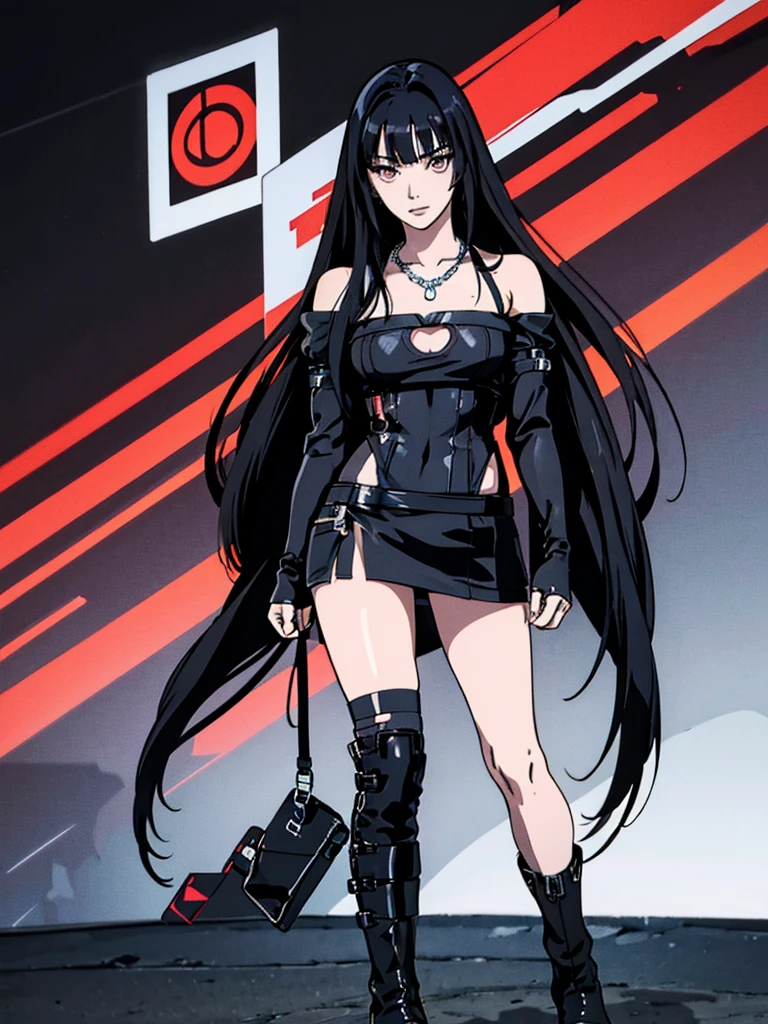 digital art drawing, illustration of (Giselle from k-pop group aespa, Long black hair with bangs, partially bleached streaks of hair, brown eyes, flat chest, anime girl, silver chain necklaces, confident look, technical clothes, long black boots, neon details, cyberpunk 2077), anime drawing/art, bold linework, illustration, digital art, masterpiece, flat illustration, no shadows, 8k resolution, high detail, vector art, only anime, perfect eyes, perfect hands, perfect fingers, sharpness, high clarity, medium shot, high fidelity
