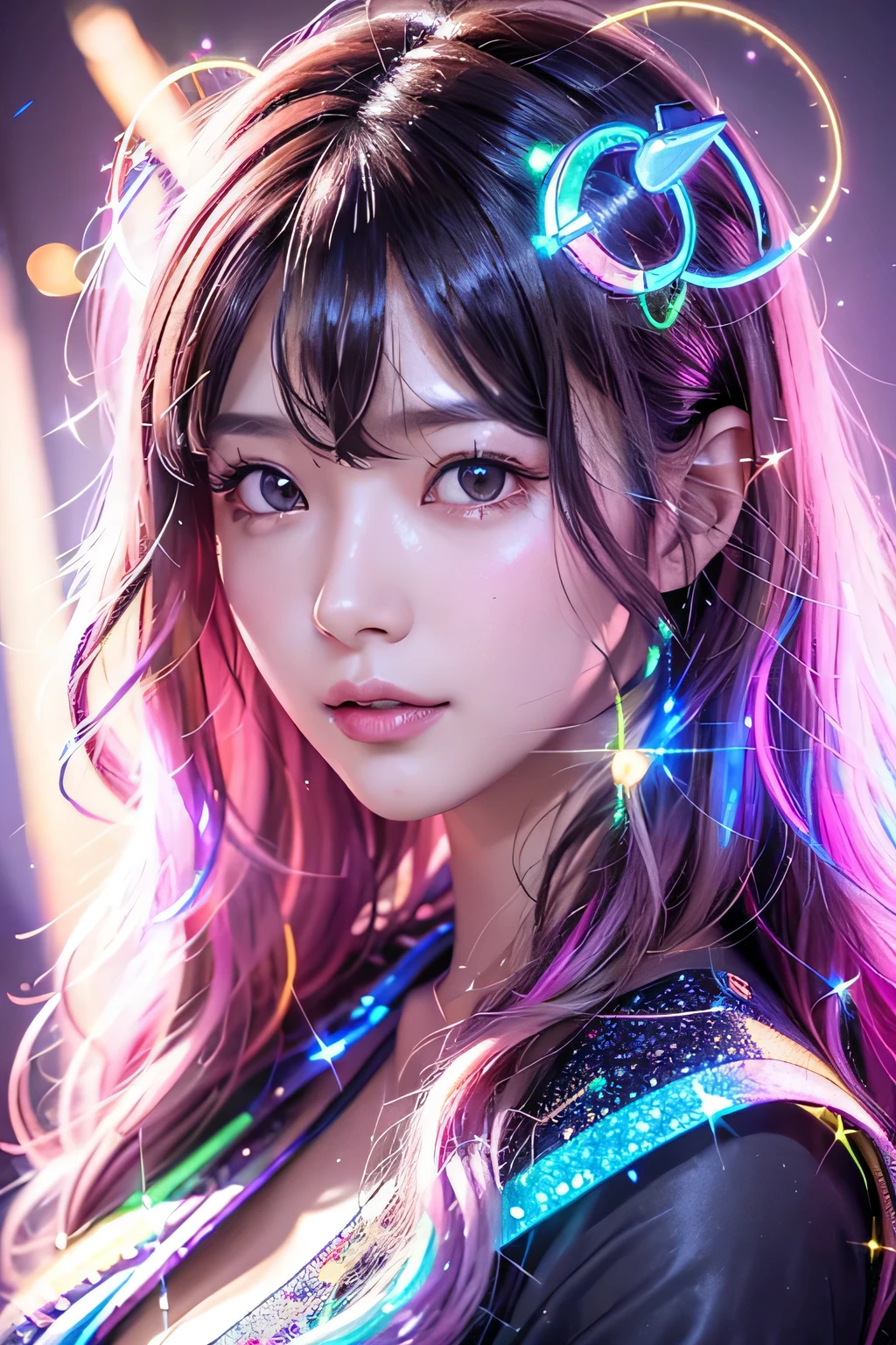 8k、((Flying debris,highest quality))　、1 girl、Bright colorful neon light background、Glow in the dark、Bioluminescent color glow、 Beautiful gorgeous girl in bright colorful neon light、Beautiful and beautiful eyes、 long wavy messy hair、(Sparkle Effect:1.4) 、glitter skin、Shadowy Face、Lanky Body、slim、Flat Body、cute、change、 (Headshot closeup:1.3)