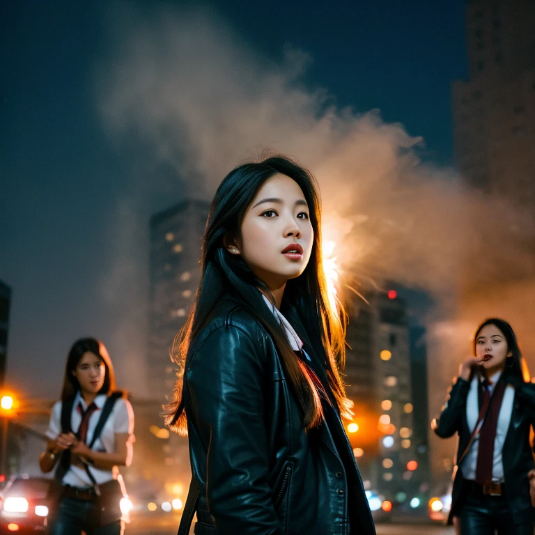 Young Asian woman with long flowing hair blowing up,) Look straight and focus on the face clearly.,) Community in the city at night, He wore a leather jacket and a red tie.,Blue,black,) Exaggerated colors cool action poses,) 8K images, Shot with a high quality camera with 45000000000 pixels.