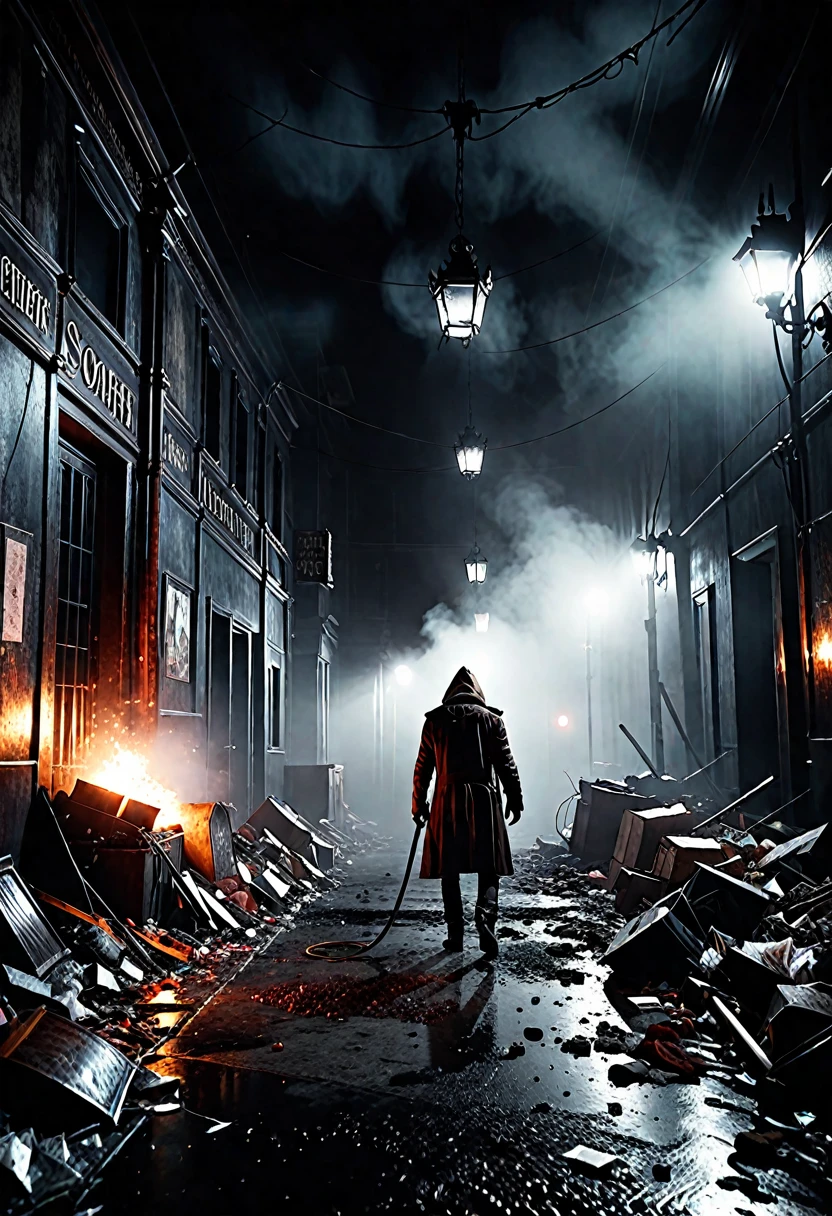 Dark fantasy. Silent Hill. Ring light, dusty, dirty, bright, garbage, fog, sparks, luxurious, anger, HORROR, fog covered the whole city, fear, the presence of evil, cinematic, film light, Hyper-detailed, Hyper-realistic, masterpiece, atmospheric, High definition, Bright, High contrast, dark corner, art.- AR 9:16--style raw --stylize 1000.