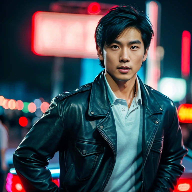 Handsome Asian man with short, cropped hair cut,) Look straight and focus on the face clearly.,) Community in the city at night, He wore a leather jacket and a red tie.,Blue,black,) Exaggerated colors cool action poses,) 8K images, Shot with a high quality camera with 45000000000 pixels.