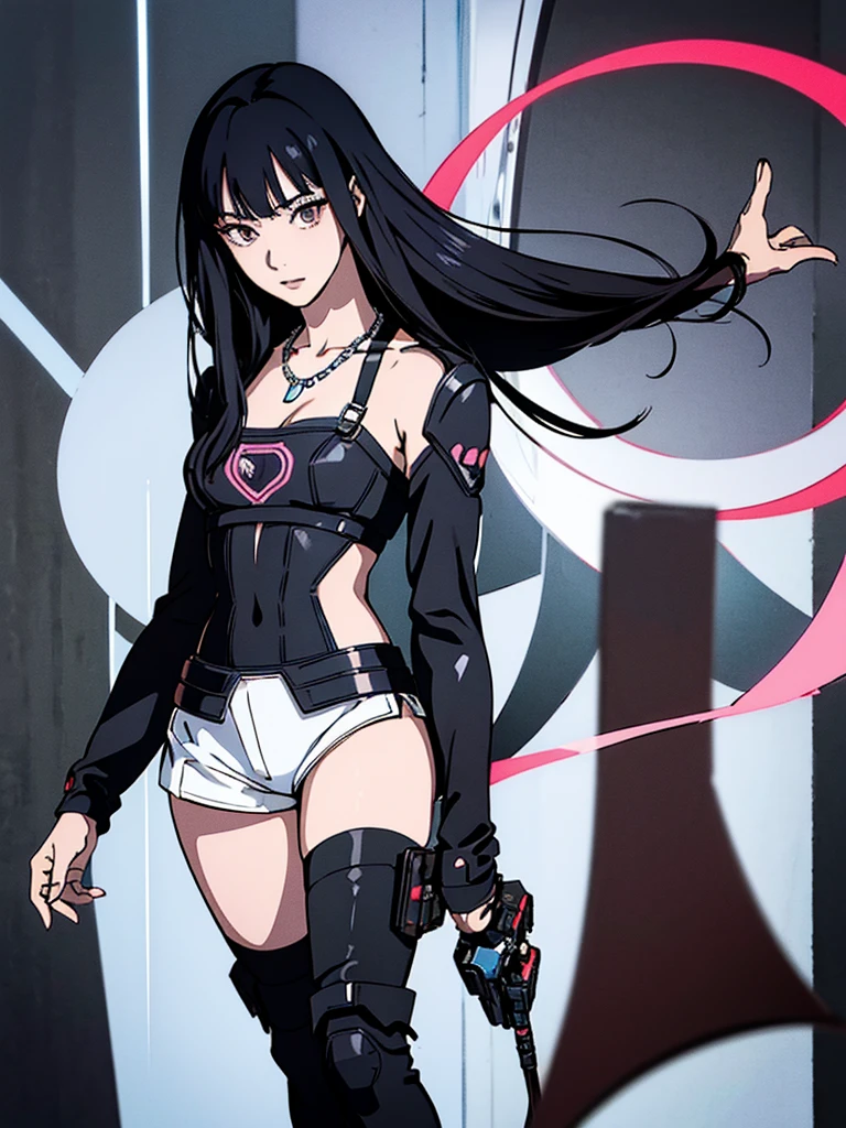 digital art drawing, illustration of (Giselle from k-pop group aespa, Long black hair with bangs, partially bleached streaks of hair, brown eyes, flat chest, anime girl, silver chain necklaces, confident look, technical clothes, long black boots, neon details, cyberpunk 2077), anime drawing/art, bold linework, illustration, digital art, masterpiece, flat illustration, no shadows, 8k resolution, high detail, vector art, only anime, perfect eyes, perfect hands, perfect fingers, sharpness, high clarity, medium shot, high fidelity
