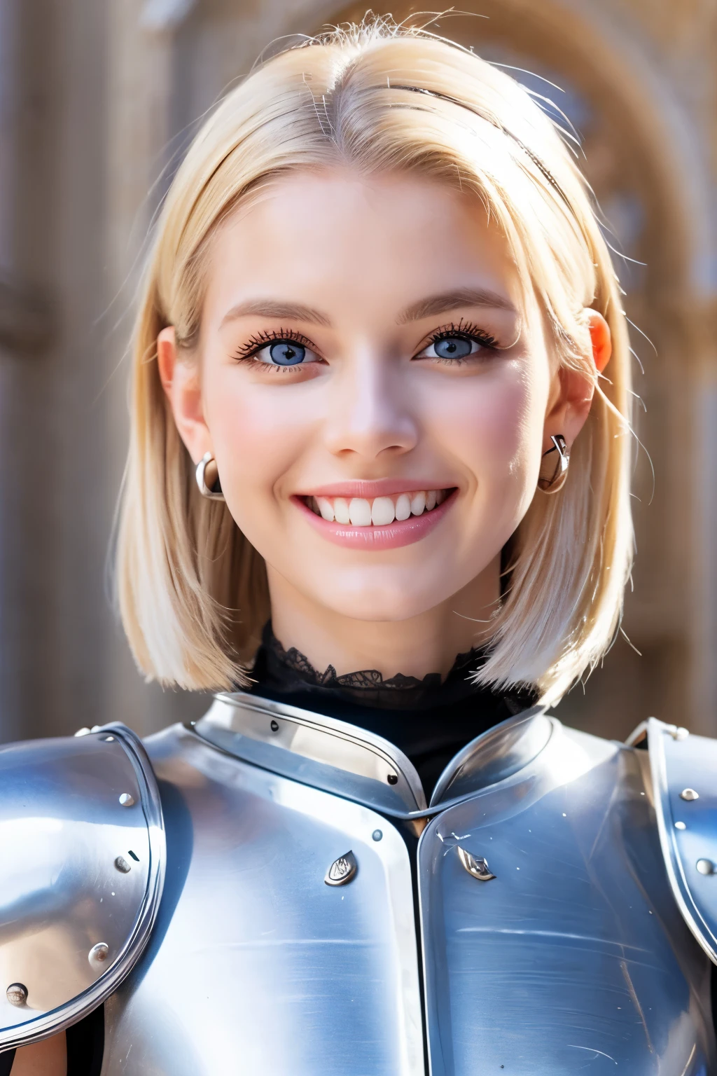 8K、highest quality、female knight、Luxurious Silver Armor、、hairstyle short cut、smile、Beautiful Teeth、Full body photo、ear piercing、blonde、White woman、blue eyes、Heavy makeup、The background is inside the castle.、wearing a western helmet