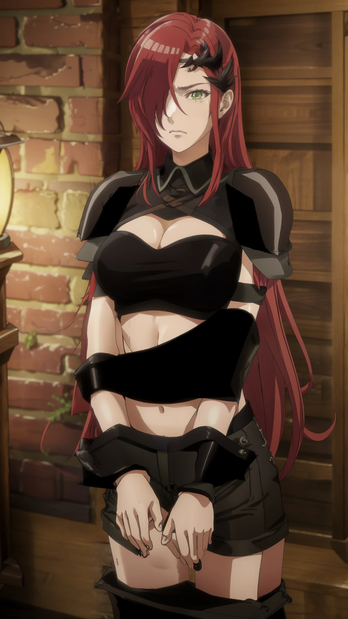 sisro, anime, a woman, long red hair which covering her right eye, green eye, black hair ornament, black adventure exposing body top, midriff, black gauntlets, black shoulder pads, teenie black jeans,  8k, 16k,trending on pixiv, fanbox, skeb, masterpiece, detailed face, smooth soft skin, beautiful intricate colored hair, digital painting, (hand in front), ((stocks)), upset, medieval fantasy background, (upper body)