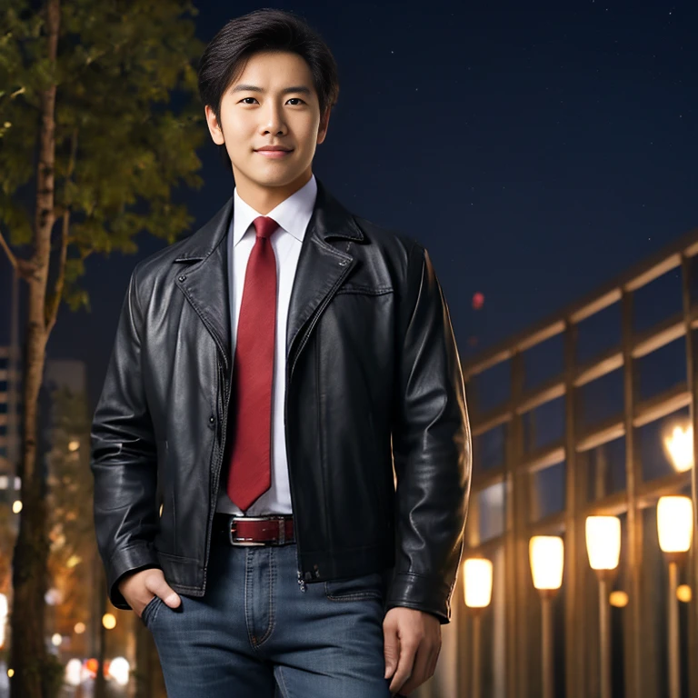 Handsome Asian man with short, cropped hair cut,) Look straight and focus on the face clearly.,) Community in the city at night, He wore a leather jacket and a red tie.,Blue,black,) Exaggerated colors cool action poses,) 8K images, Shot with a high quality camera with 45000000000 pixels.