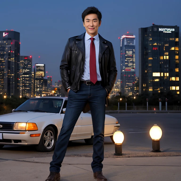Handsome Asian man with short, cropped hair cut,) Look straight and focus on the face clearly.,) Community in the city at night, He wore a leather jacket and a red tie.,Blue,black,) Exaggerated colors cool action poses,) 8K images, Shot with a high quality camera with 45000000000 pixels.