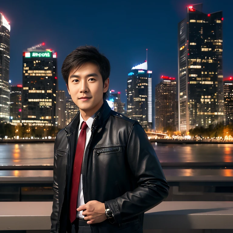 Handsome Asian man with short, cropped hair cut,) Look straight and focus on the face clearly.,) Community in the city at night, He wore a leather jacket and a red tie.,Blue,black,)  Exaggerated colors cool action poses,) 8K images, Shot with a high quality camera with 45000000000 pixels.
