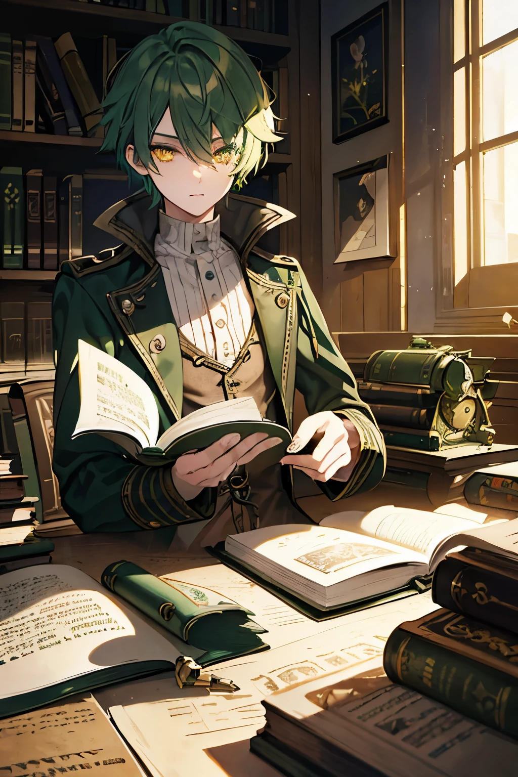 male　Deep green hair　Yellow Eyes　steampunk　have a book　library　Old ruins　Light　masterpiece　Highest quality　Noise Reduction　Clear parts 　Cinematic Shadows　Increased eye appeal　Clear parts the shine of the eyes　Draw eyelashes neatly　Perfect Eye　Detailed eyes　Sharpen the image quality　Sharpen the eye lines　Clear parts eye shape