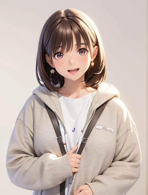 High resolution,In 8K,highest quality,detailed,Semi-realistic anime,Anime 3D Style,Smooth anime CG,One Girl,19-year-old woman in Japan,slim,Modeled,Shiny brown hair,Medium Hair,detailedな顔,Beautiful and detailed,Glowing Skin,Earrings Beautiful,straggling hair,Angelic hairstyle,Small breasts,((Open your mouth)),((Laughter)),(Round, slightly large eyes)