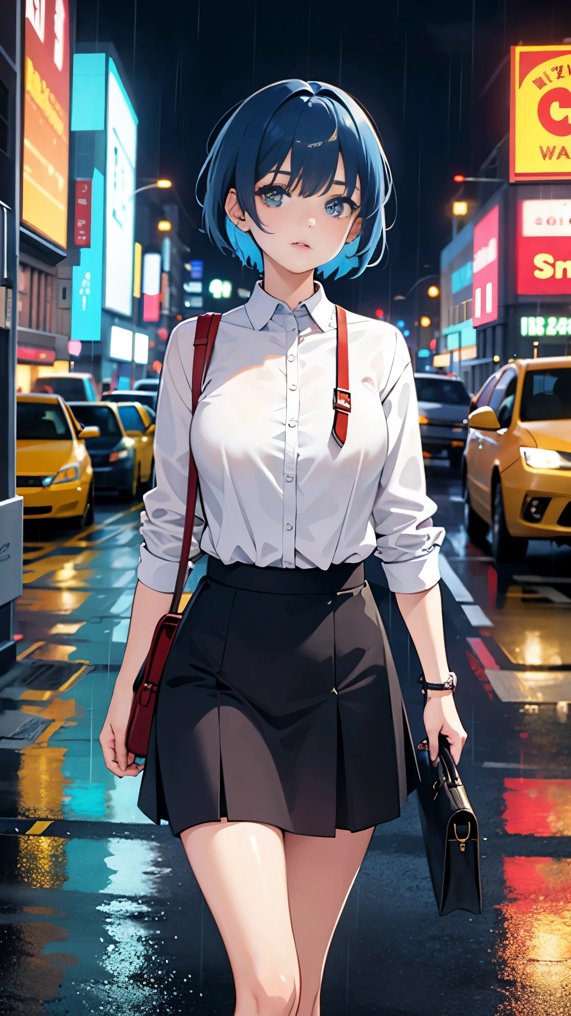 girl with short blue hair in the middle of a big intersection in the city center, and there's rain.