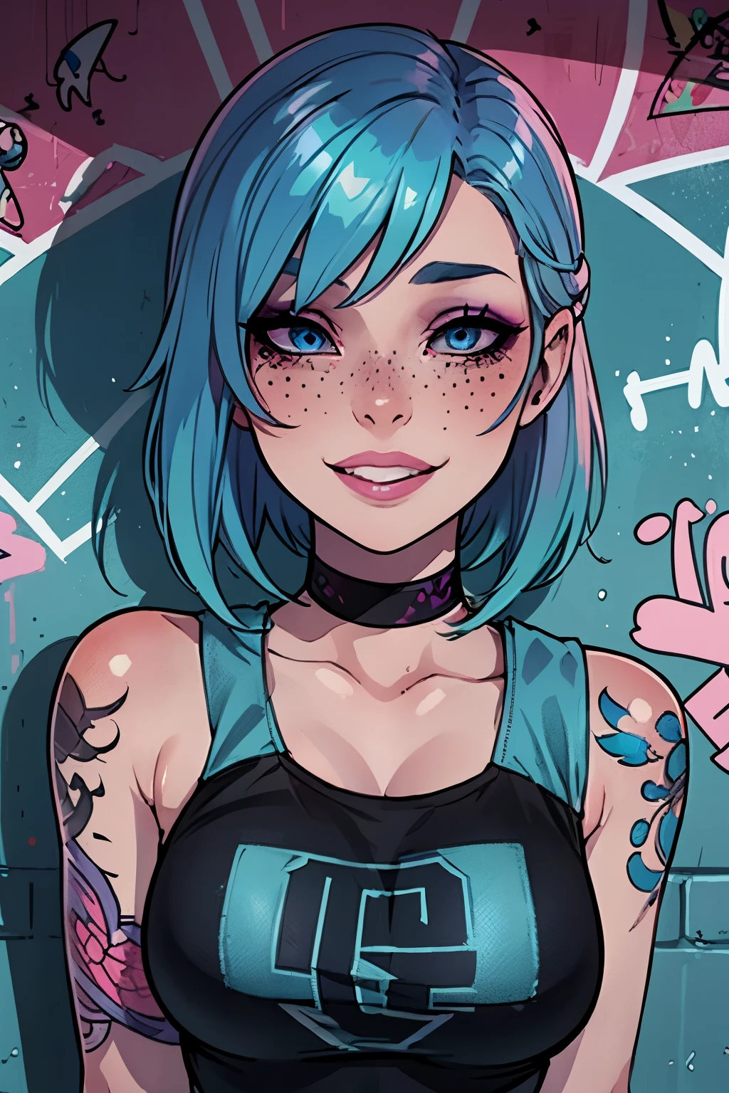 Masterpiece, best quality, 23 years old, college student, centered in frame, portrait, female, tattoos, super pale skin, friendly expression, laughing, pink lips, short light pastel blue hair, city landscape, graffiti, blue eyes, wears bright makeup,black freckles, beautiful, grunge, alt-girl, fishnet shirt, eyeshadow