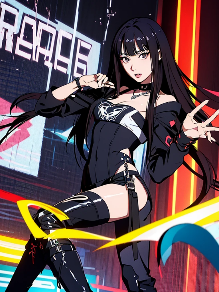 digital art drawing, illustration of (Giselle from k-pop group aespa, Long black hair with bangs, partially bleached streaks of hair, brown eyes, flat chest, anime girl, silver chain necklaces, confident look, technical clothes, long black boots, neon details, cyberpunk 2077), anime drawing/art, bold linework, illustration, digital art, masterpiece, flat illustration, no shadows, 8k resolution, high detail, vector art, only anime, perfect eyes, perfect hands, perfect fingers, sharpness, high clarity, medium shot, high fidelity
