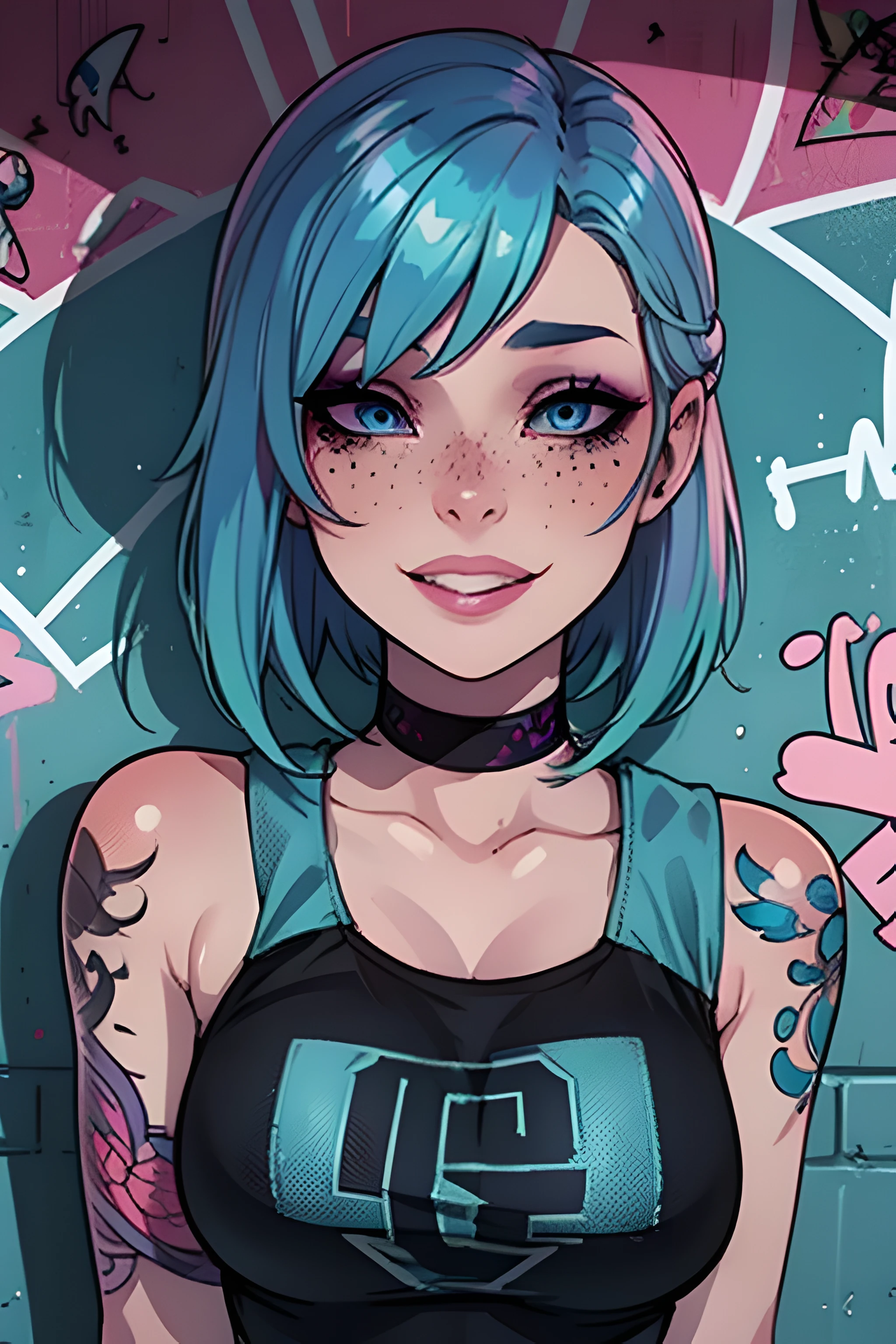 Masterpiece, best quality, 23 years old, college student, centered in frame, portrait, female, tattoos, super pale skin, friendly expression, laughing, pink lips, short light pastel blue hair, city landscape, graffiti, blue eyes, wears bright makeup,black freckles, beautiful, grunge, alt-girl, fishnet shirt, eyeshadow