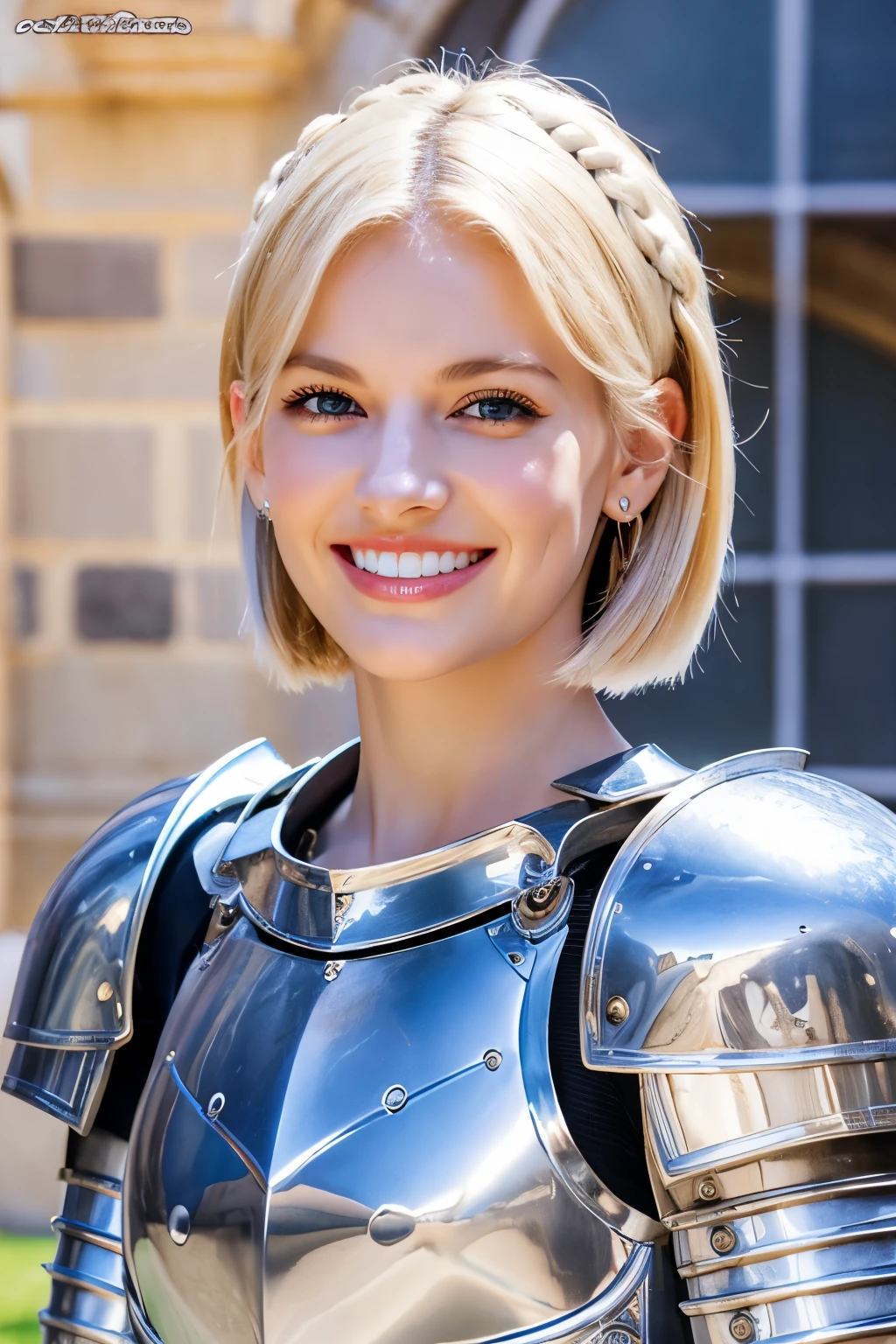 8K、highest quality、female knight、Luxurious Silver Armor、、hairstyle short cut、smile、Beautiful Teeth、Full body photo、ear piercing、blonde、White woman、blue eyes、Heavy makeup、The background is inside the castle