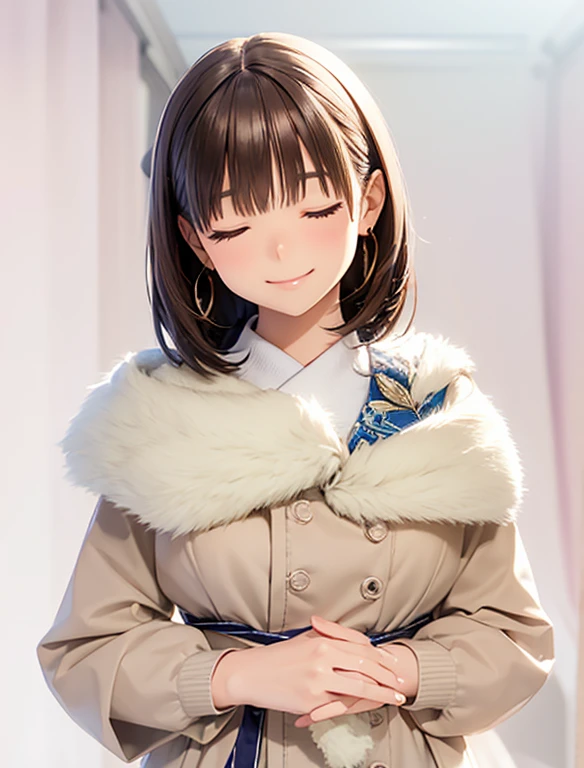 High resolution,In 8K,highest quality,detailed,Semi-realistic anime,Anime 3D Style,Smooth anime CG,One Girl,19-year-old woman in Japan,slim,Modeled,Shiny brown hair,Medium Hair,detailedな顔,Beautiful and detailed,Glowing Skin,Earrings Beautiful,straggling hair,Angelic hairstyle,Small breasts,((Smiling gently)),((Eyes closed))