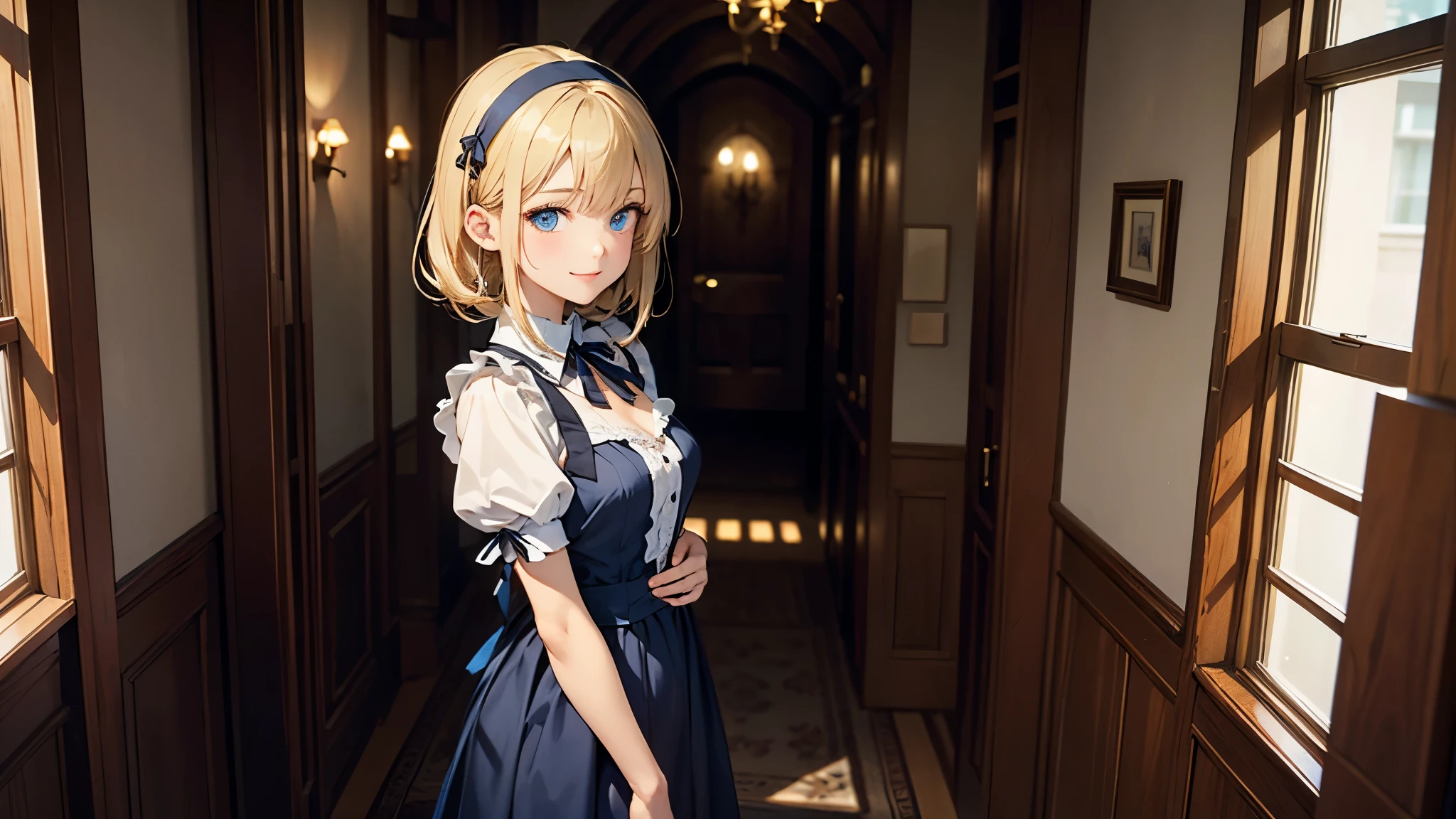 (masterpiece, highest quality, highest quality,official art),(1 girl:1.3),(attractive girl),((masterpiece, highest quality))、8K、one woman、(14 years old)、((blonde))、shortcut、attractive girl、blue eyes、Big eyes、sparkling eyes、Beautifully drawn eyes、challenging smile、small bust、blue gothic maid、white headband、(look back)、Knee to head、Corridor of a luxurious house、aerial perspective、allure、transparent、Light、Light、