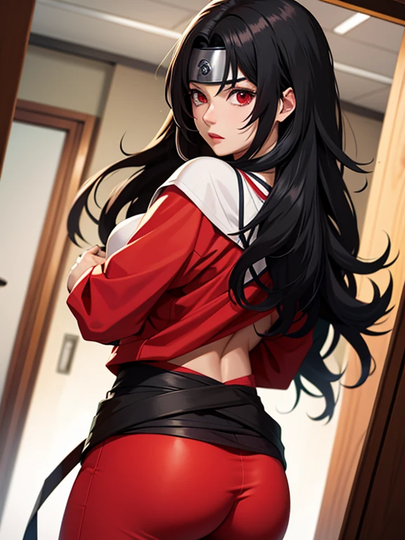 nar_kurenai_yuhi，forehead protection，vendas，cuerpo completoesbiano，ojos rojos，wariza，vestimenta fuera del hombro，escote，, back shot, ass