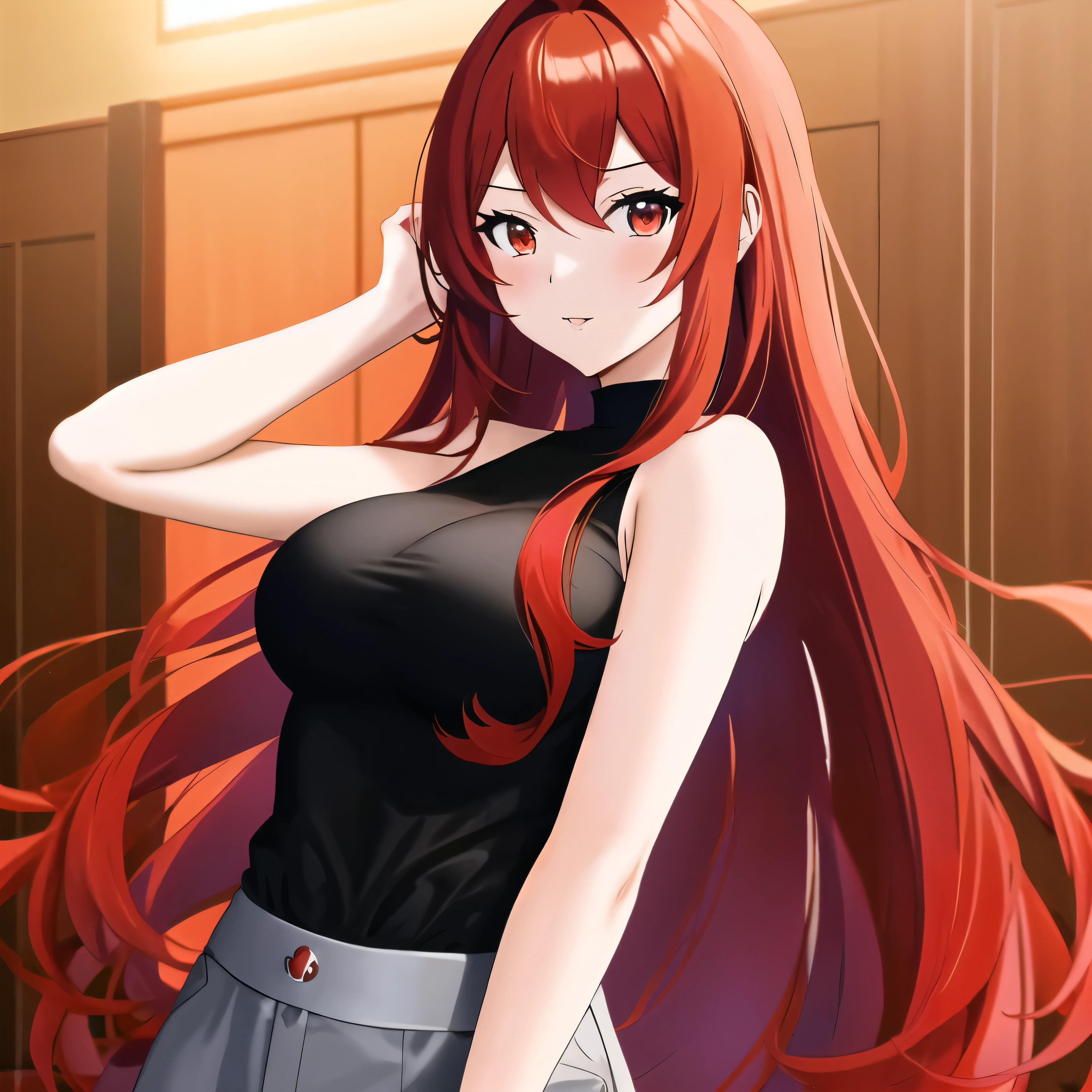 anime girl with red hair and black top posing for a picture, rias gremory, kurisu makise, ilya kuvshinov with long hair, erza scarlet as a real person, with curly red hair, seductive anime girl, red haired goddess, (anime girl), she has red hair, anime girl with long hair, with red hair