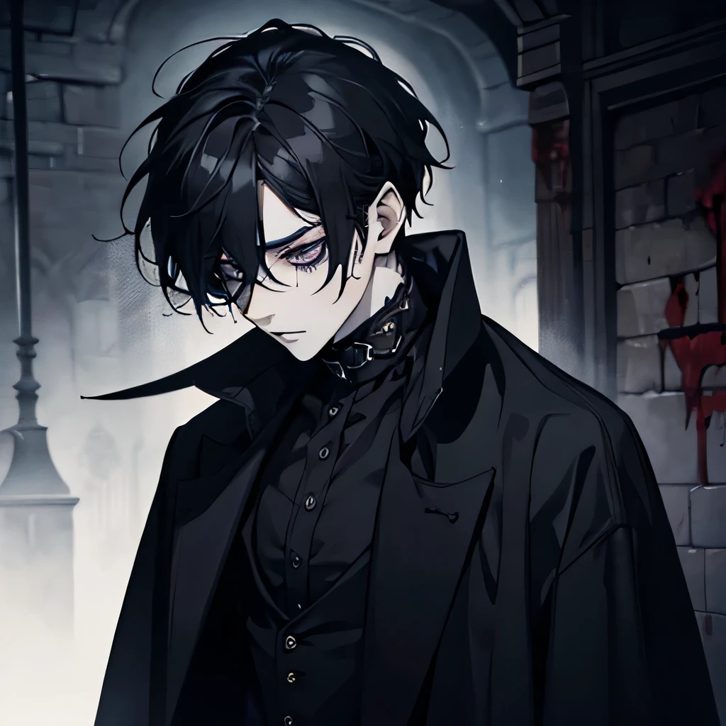 Male, pale, gothic boy, mysterious, slim, hunchback, creepy, hair over his eyes, eyebags, black hair, blood, blind, goth, sad, emo