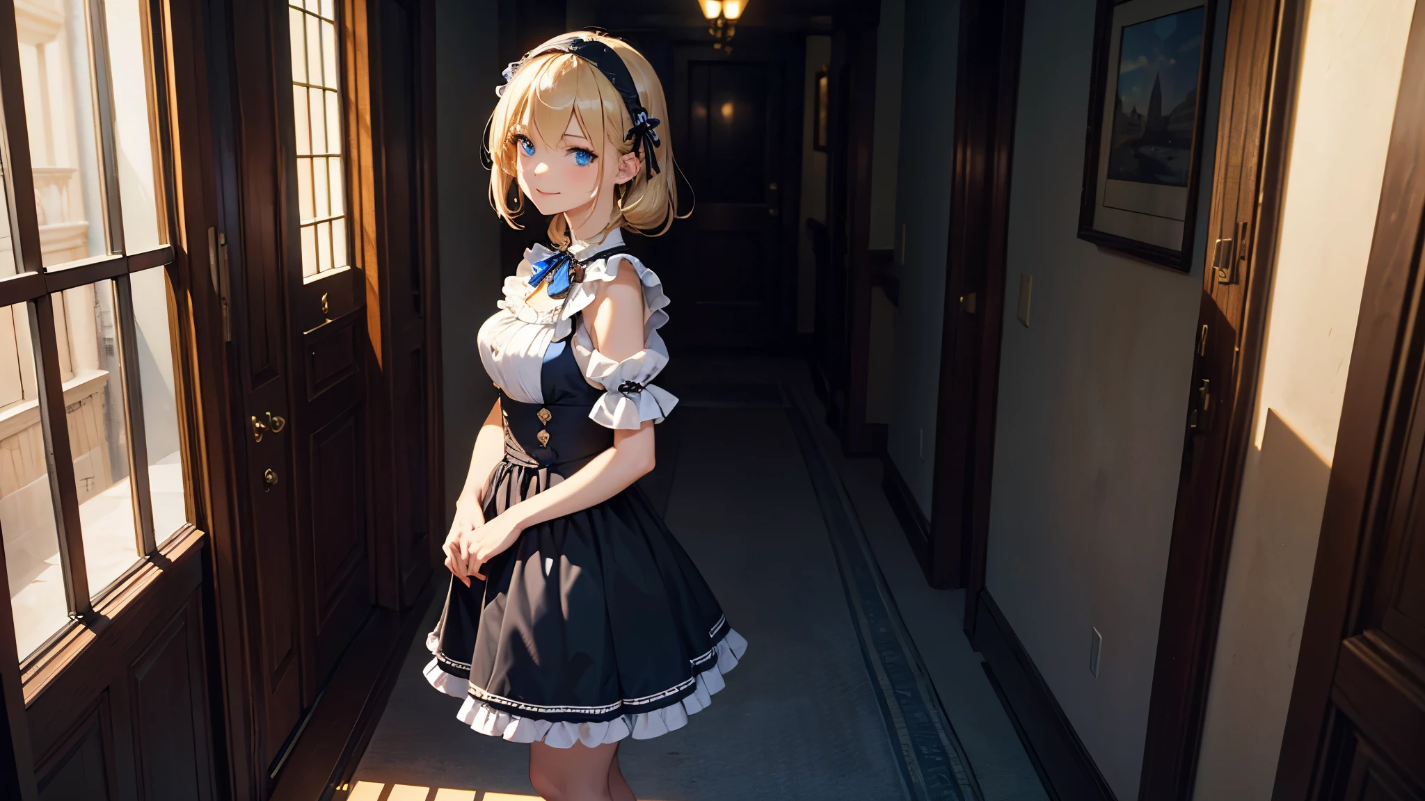 (masterpiece, highest quality, highest quality,official art),(1 girl:1.3),(attractive girl),((masterpiece, highest quality))、8K、one woman、（14 years old）、((blonde))、shortcut、attractive girl、blue eyes、Big eyes、sparkling eyes、Beautifully drawn eyes、challenging smile、small bust、blue gothic maid、white headband、(look back)、Knee to head、Corridor of a luxurious house、aerial perspective、allure、transparent、Light、Light、