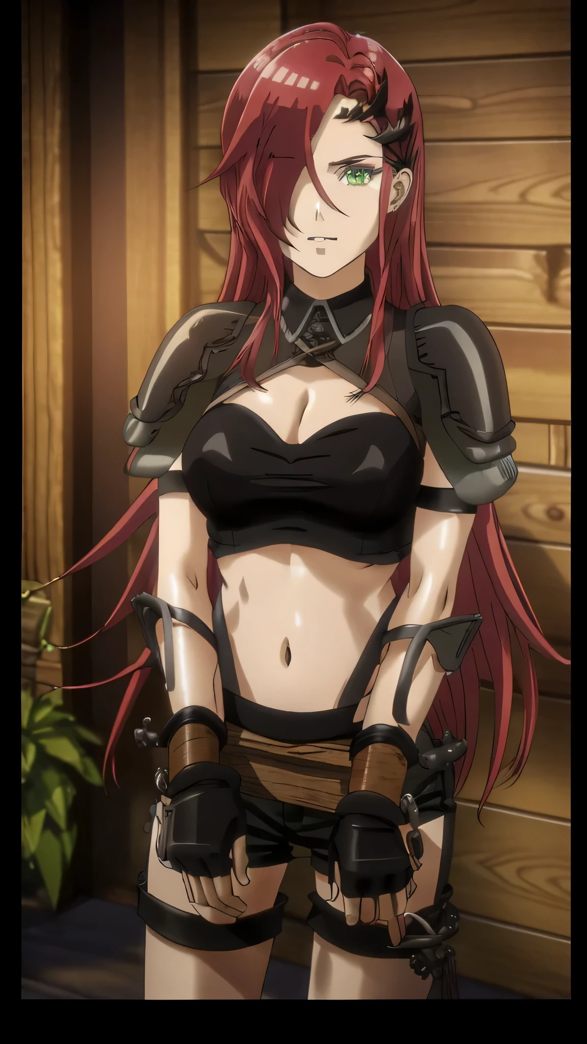 sisro, anime, a woman, long red hair which covering her right eye, green eye, black hair ornament, black adventure exposing body top, midriff, black gauntlets, black shoulder pads, teenie black jeans,  8k, 16k,trending on pixiv, fanbox, skeb, masterpiece, detailed face, smooth soft skin, beautiful intricate colored hair, digital painting, (hand in front), ((stocks)), ((wooden stocks)) upset, medieval fantasy background, (upper body)